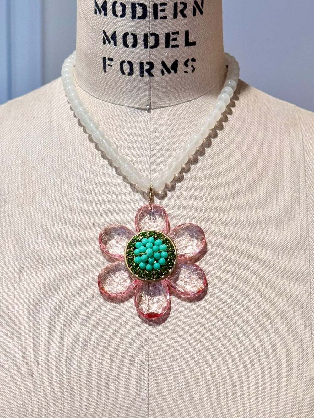 Vintage Lenora Dame Lucite Flower Beaded Statement Necklace Pink Turquoise